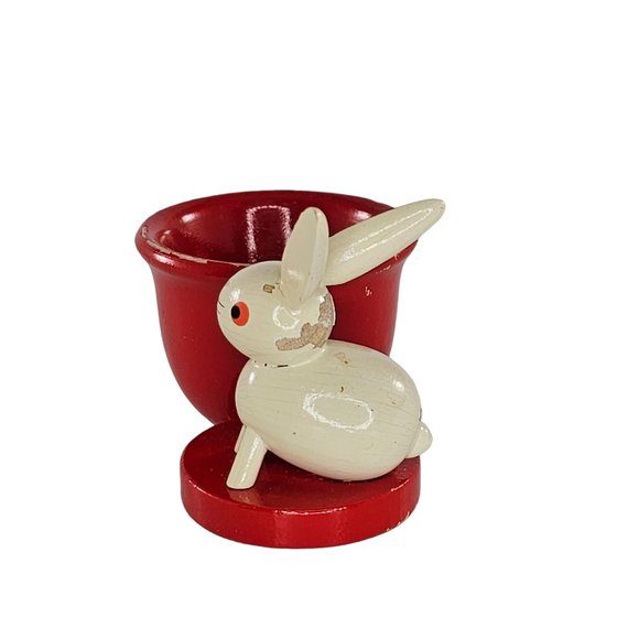 Vintage Veb Holzwaren Germany Wooden Egg Cup Bunny Rabbit - Picture 3 of 10